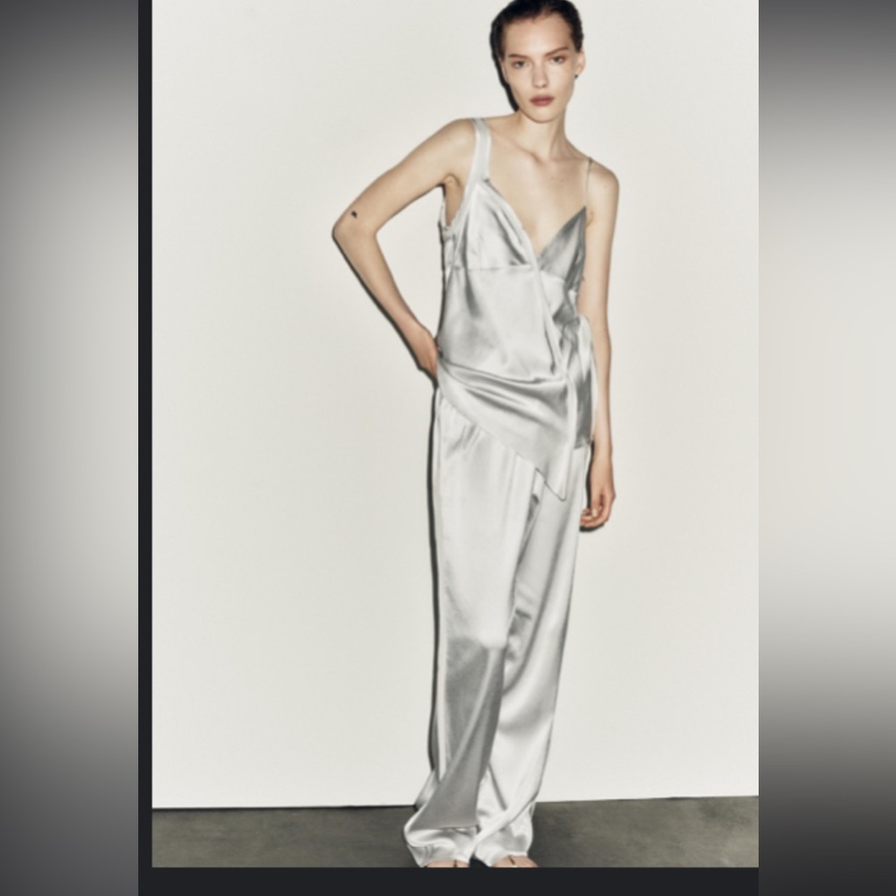2-pc Zara satin asymmetrical top and straight leg pants set